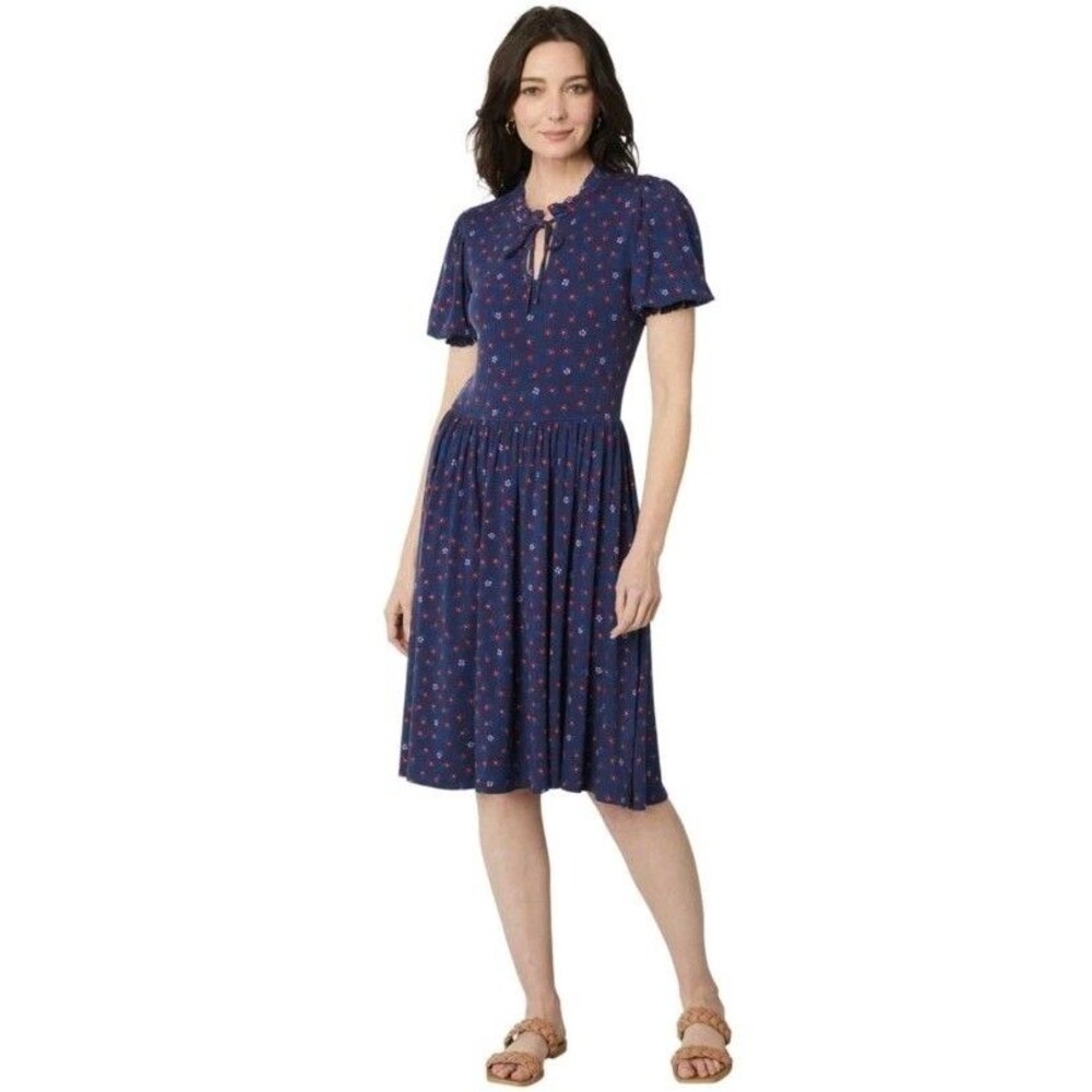 Draper James Nancy Dress Blue Jersey Knit Fit Flare Puff Sleeve Cottagecore  XS